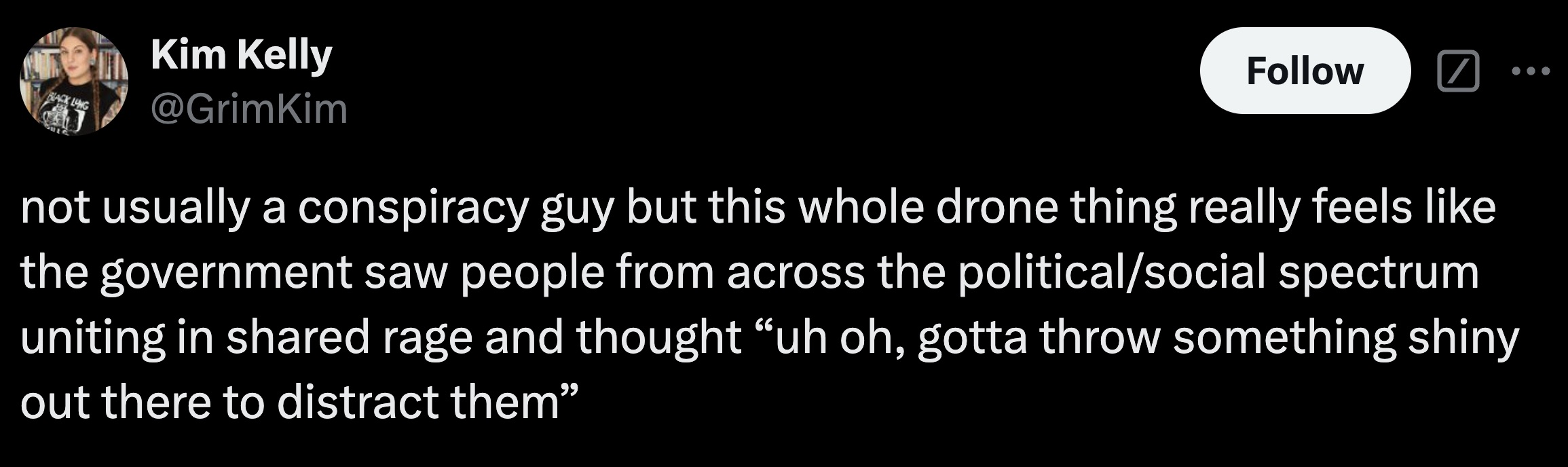 parallel - Black Long Kim Kelly not usually a conspiracy guy but this whole drone thing really feels the government saw people from across the politicalsocial spectrum uniting in d rage and thought "uh oh, gotta throw something shiny out there to distract